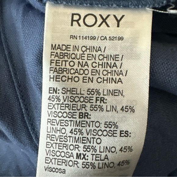 ROXY Womens Sz Small Adjustable Overalls Romper Blue Linen Pockets Beach Resort - Picture 11 of 13